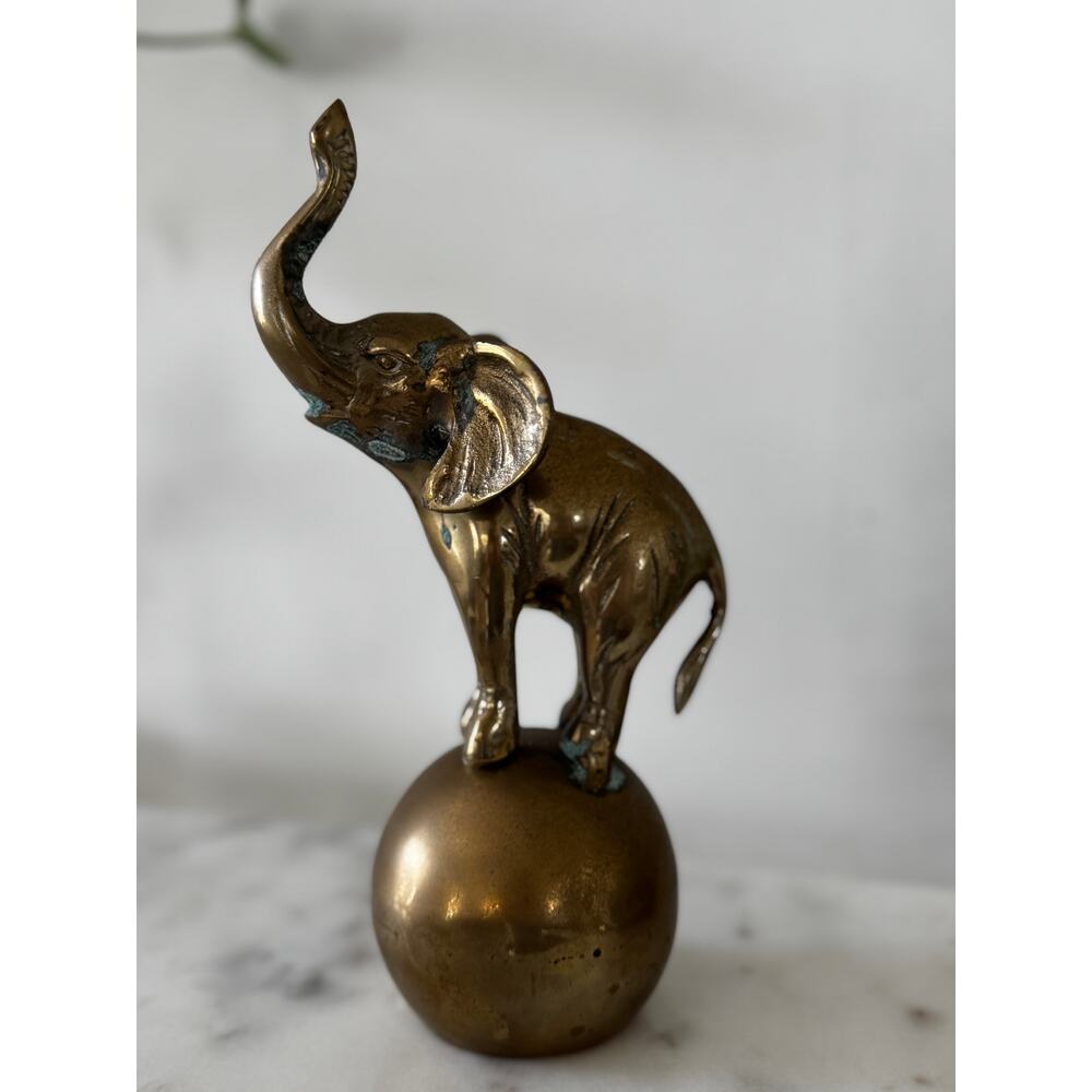 Vintage Brass Elephant on Ball Statue Mid Century Safari Decor - Picture 3 of 8